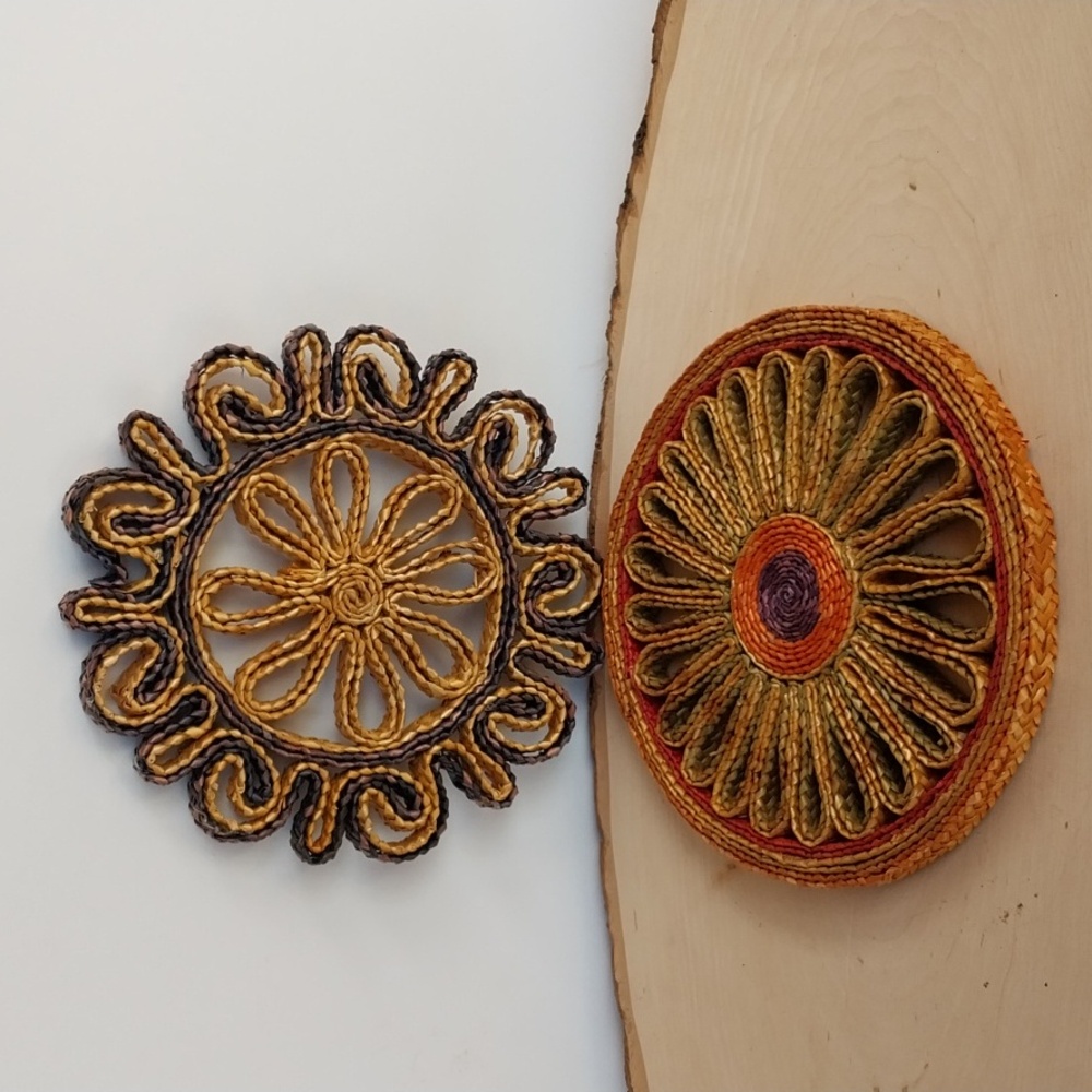 Pair Vintage Woven Straw Trivets, Hot Pad, Boho Wall Hanging set